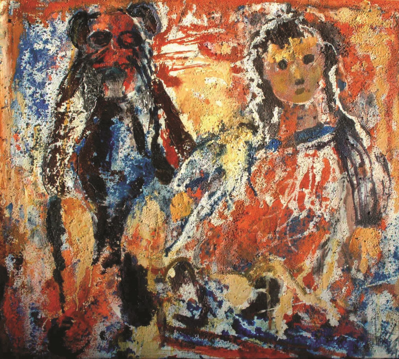 Walter Bernstein - Mädchen mit Bär, Öl auf Leinwand, 70er Jahre